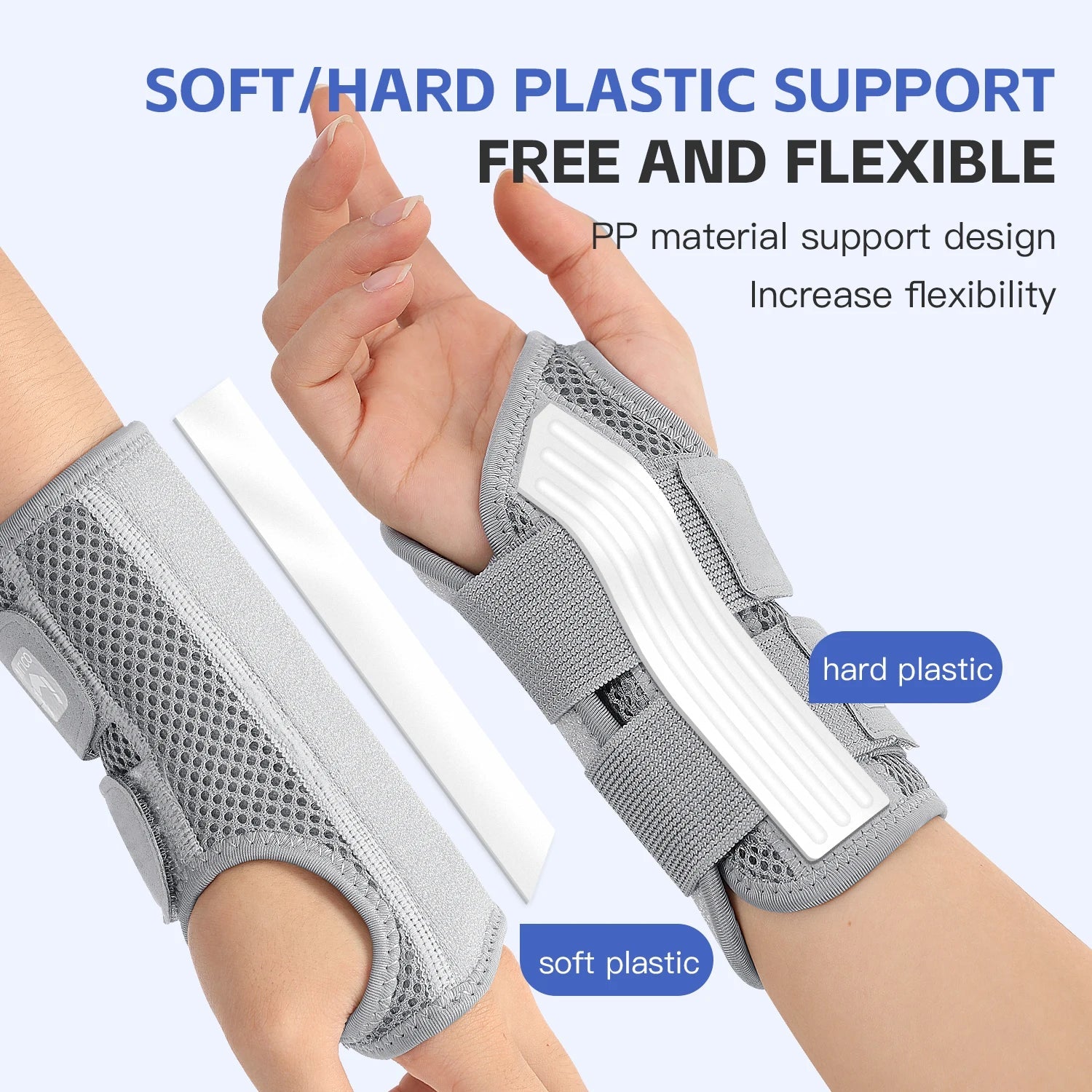 Person wearing breathable wrist guard with enlarged thumb opening for comfort