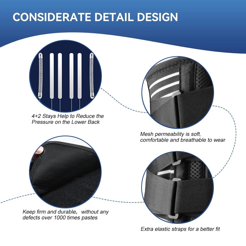 Soft velvet lining and breathable mesh fabric of medical-grade back brace for all-day comfort