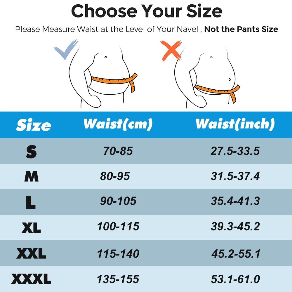 Back support belt size chart showing how to measure waist at navel level for men and women