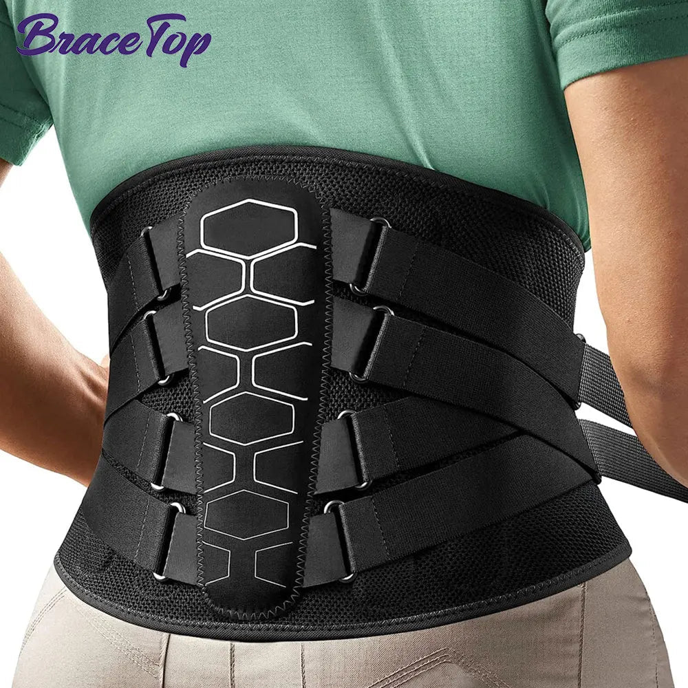 Man wearing lower back brace for weight lifting at gym with adjustable compression straps