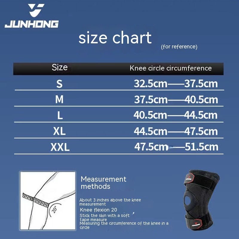 Size chart for pro-grade knee pads available in S, M, L, XL, and XXL for men and women