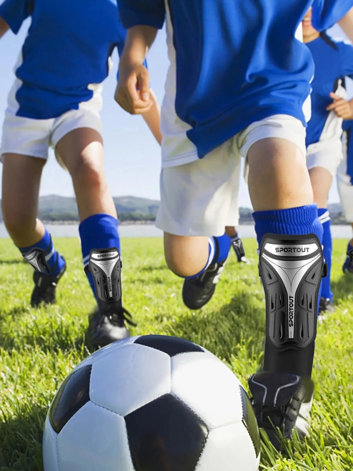 Young soccer player wearing Sportout shin guards during match for leg protection