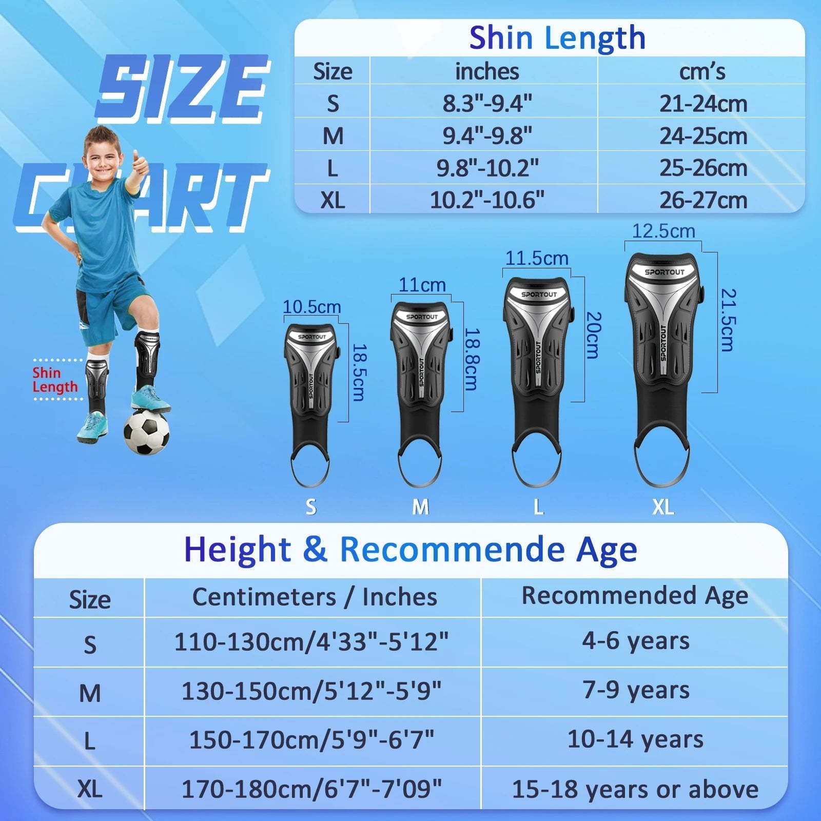 Sportout soccer shin guards flat lay showing hard shell and padding design