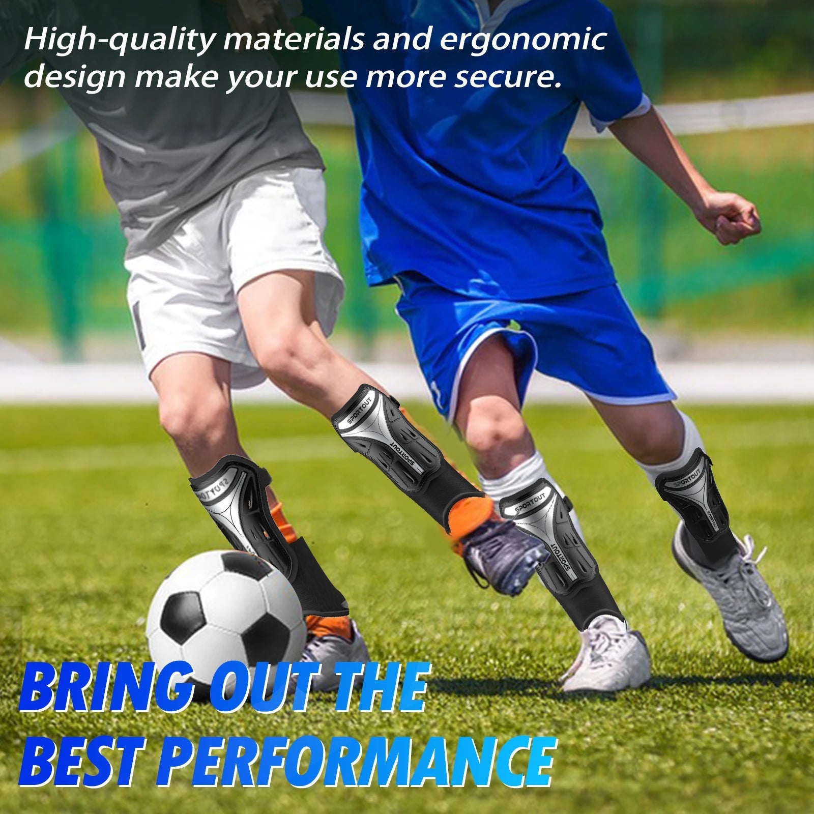 Young soccer player wearing Sportout shin guards during match for leg protection