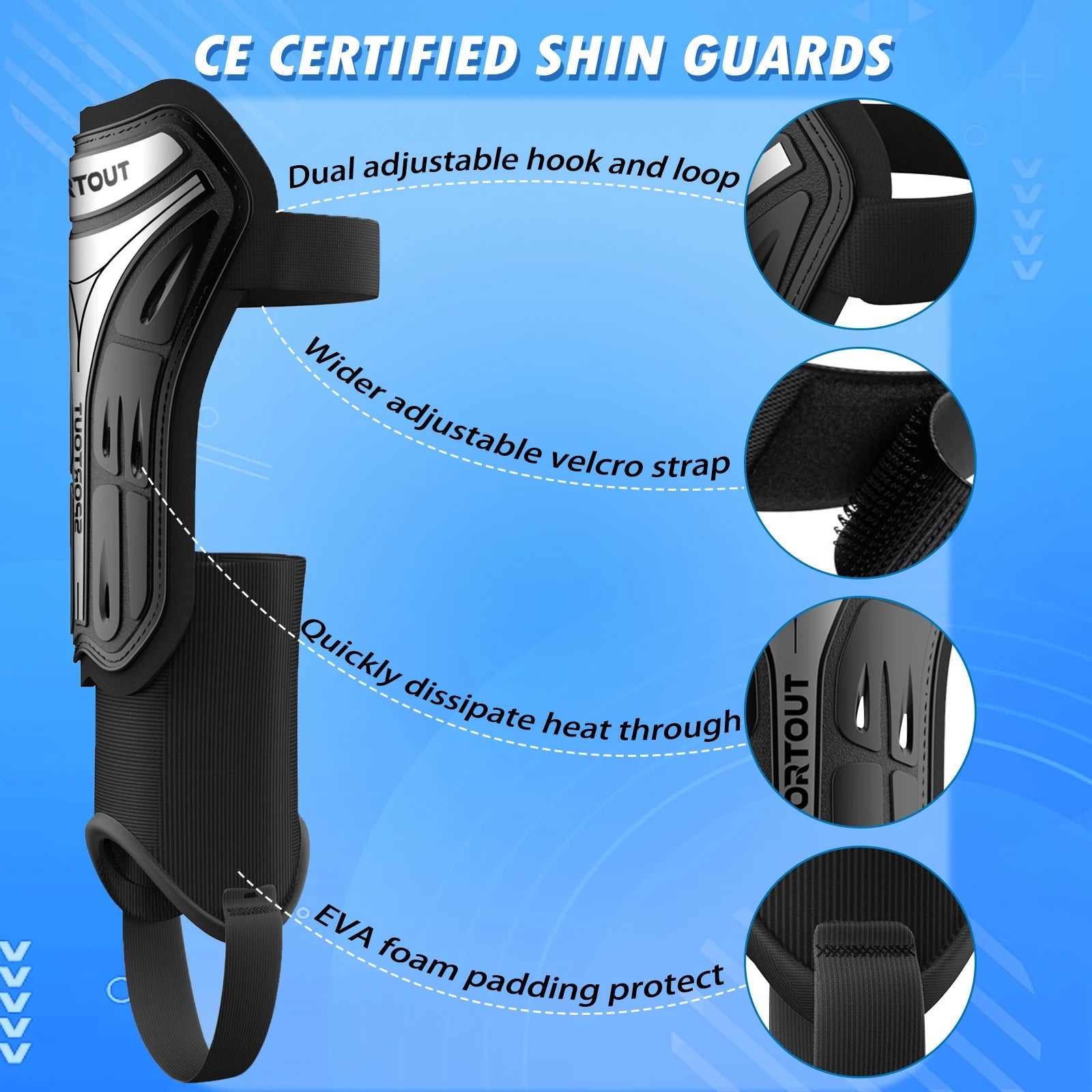 Adjustable elastic strap closure on Sportout soccer shin guards for secure fit